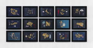 Exvoto / Arrecife 01, 2021. Polyptych of 15 works, 86.5 x 195.5 cm. Watercolor and gouache on Hannemühle paper