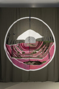 Portal, 2024, Acrylic paint on hand embroidered fabric, 320 x 300 cm